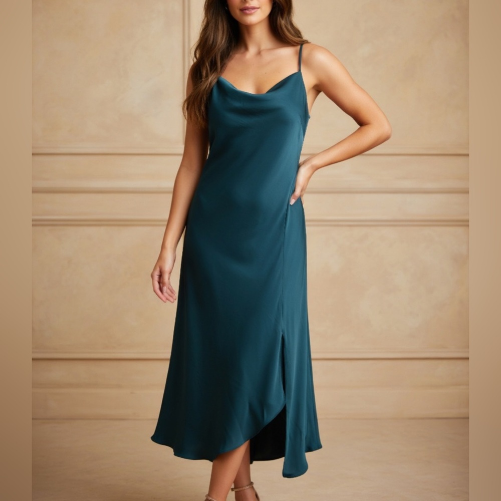 Teal Satin Formal Midi Dress